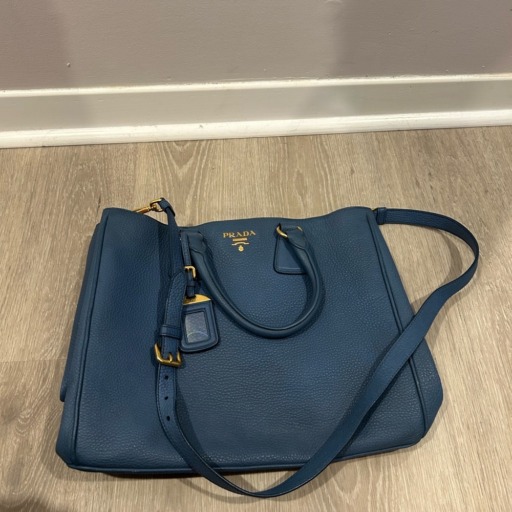 Prada Navy Blue Pebbled Leather Shoulder Bag